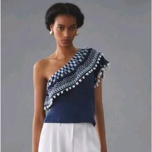 Anthropologie One Shoulder Pom Tassel Top XS Navy Blue White Festival Prairie